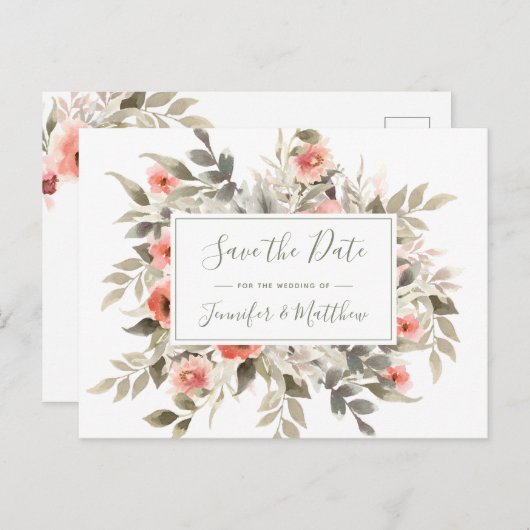 Save the Date Waterverf Wedding Blush Roos Krans Uitnodiging Briefkaart (Voorkant / Achterkant)