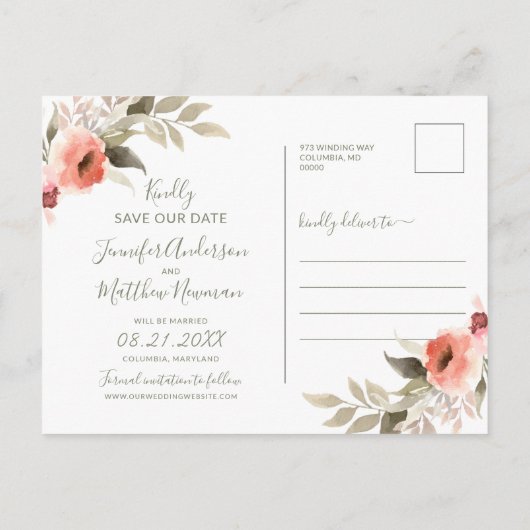 Save the Date Waterverf Wedding Blush Roos Krans Uitnodiging Briefkaart (Achterkant)