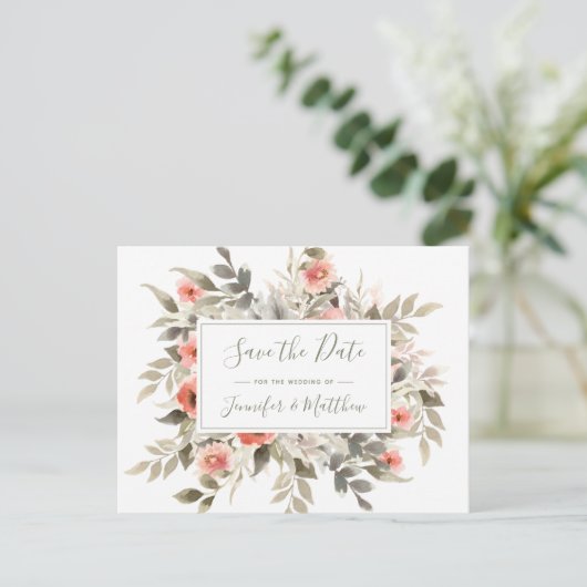 Save the Date Waterverf Wedding Blush Roos Krans Uitnodiging Briefkaart (Staand voorkant)