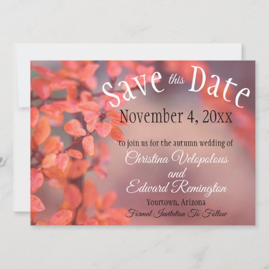 Save The Date Wedding Autumn Leaves Framing Bokeh Aankondiging (Voorkant)