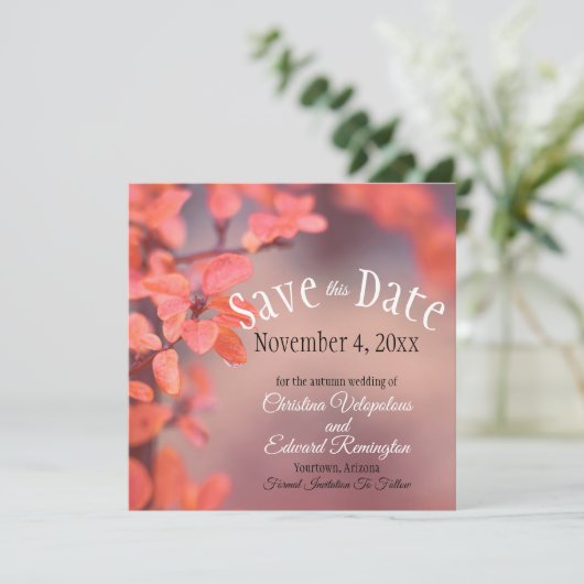Save The Date Wedding Autumn Leaves Framing Bokeh Aankondiging (Staand voorkant)