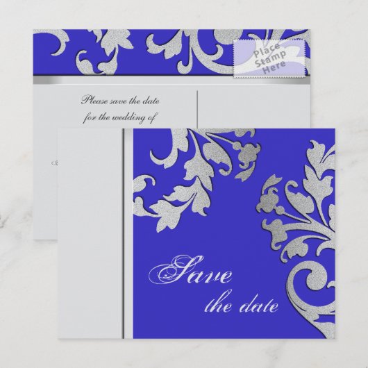 Save the Date Wedding Briefkaart Royal Blue Silver (Voorkant / Achterkant)