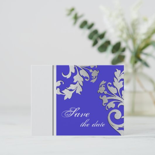 Save the Date Wedding Briefkaart Royal Blue Silver (Staand voorkant)