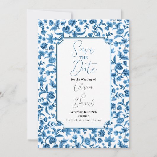 Save The Date Wedding Chintz Blauw & Wit Bloemen (Voorkant)