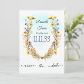 Save the Date Wedding gele bloemen thema lucht (Staand voorkant)