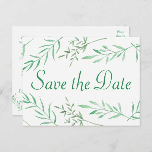 Save the Date Wedding Green Laurel Leaf Verloving Aankondigingskaart (Voorkant / Achterkant)