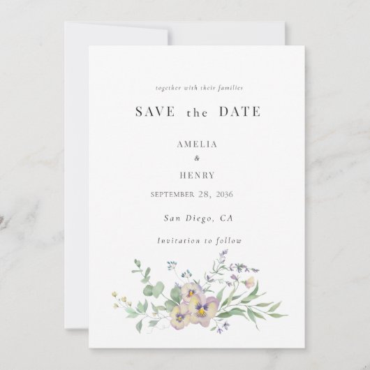 Save the Date Wedding Invitation Viola & Eucalypt Kaart (Voorkant)