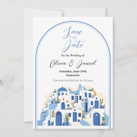 Save The Date Wedding Santorini Griekenland Blauw  (Voorkant)