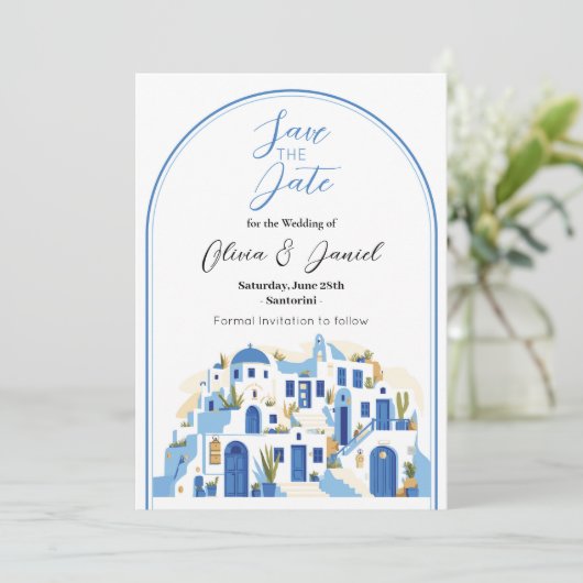 Save The Date Wedding Santorini Griekenland Blauw (Staand voorkant)