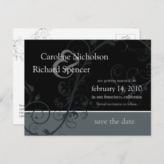 Save the Date Wedding Silver Flourish Briefkaart (Voorkant / Achterkant)