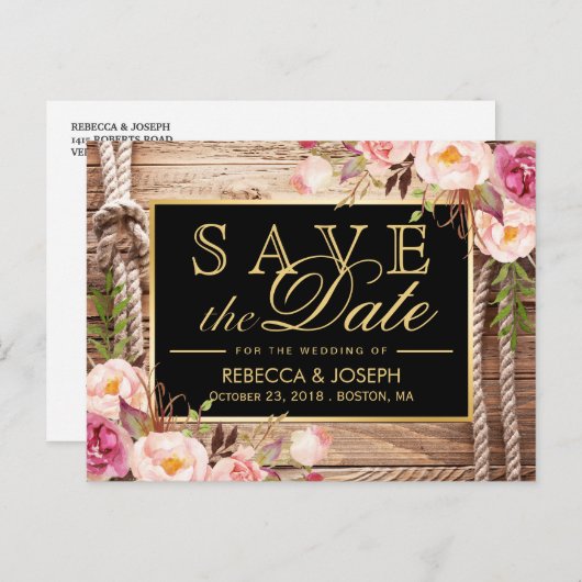 Save the Date Western Rustiek Land Hout Bloemen Aankondigingskaart (Voorkant / Achterkant)