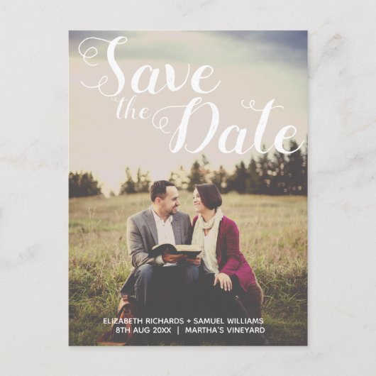 Save The Date Whimsical Witte Script Foto Overlay Briefkaart (Voorkant)