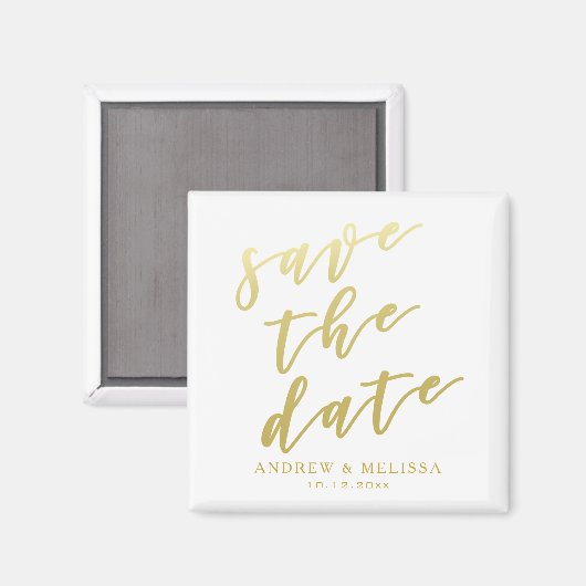 Save the date | White & Faux Gold Script Magneet (Voorkant / Achterkant)