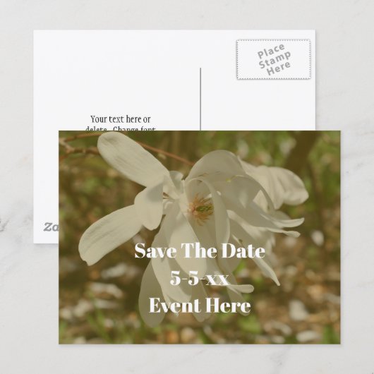 Save The Date White Magnolia Flower  Aankondigingskaart (Voorkant / Achterkant)