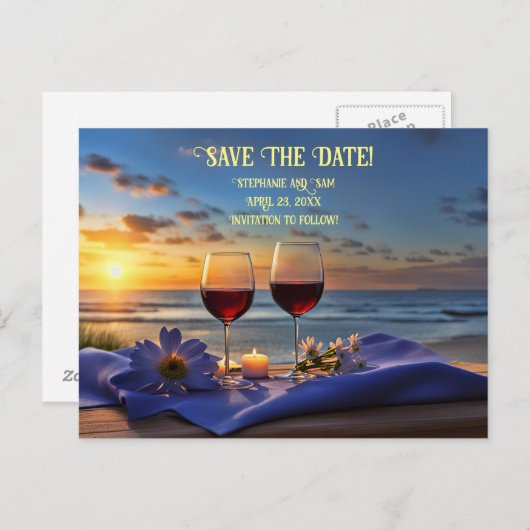 Save the Date Wijn en Strand Romantisch Aankondigingskaart (Voorkant / Achterkant)