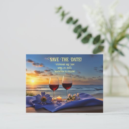 Save the Date Wijn en Strand Romantisch Aankondigingskaart (Staand voorkant)
