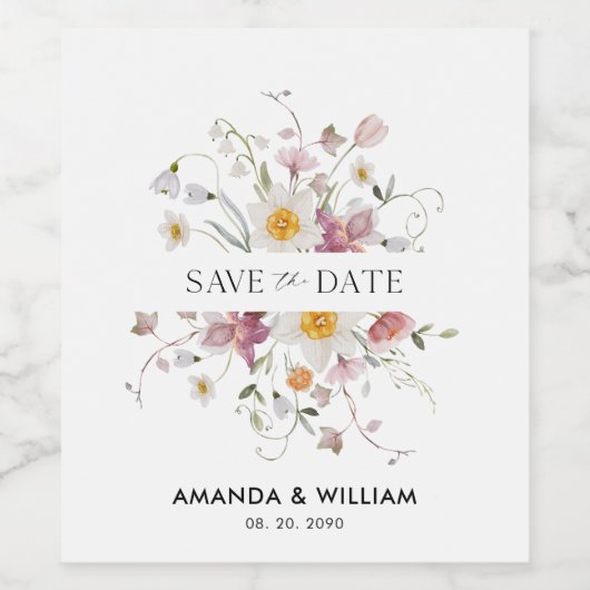 Save the Date-wijnlabel – Aquarel Bloemen Wijn Etiket (Enkel label)