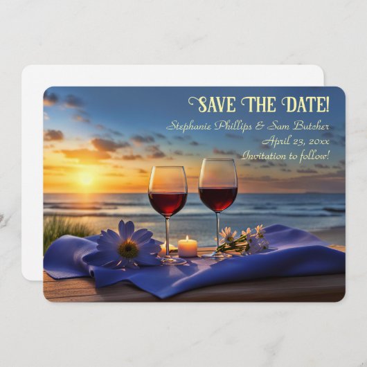Save the Date Wine on the Beach Sunset Kaart (Voorkant / Achterkant)