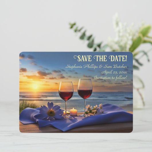 Save the Date Wine on the Beach Sunset Kaart (Staand voorkant)