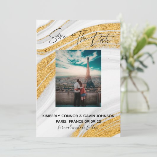 Save The Date |Wit, Grijs en Goud Agate Geode (Staand voorkant)