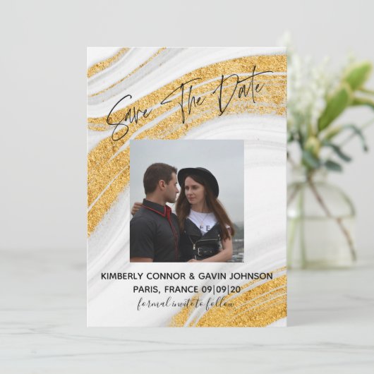 Save the date |Wit, Grijs en Goud Marmer (Staand voorkant)