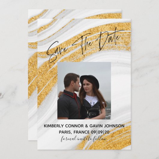 Save the date |Wit, Grijs en Goud Marmer (Voorkant / Achterkant)