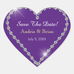 Save The Date, Witte Diamant Hart, Namen Paars Hart Sticker
