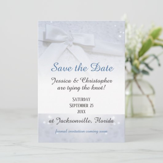 Save The Date Witte Strikken | Tie The Knot Trouwe Kaart (Staand voorkant)