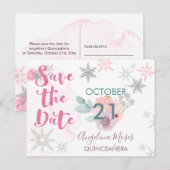 Save the Date Zilveren Roze Sneeuwvlokken en Bloem Aankondigingskaart (Voorkant / Achterkant)