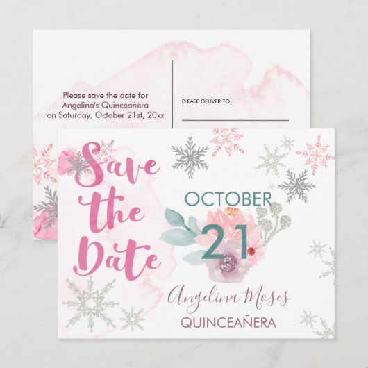 Save the Date Zilveren Roze Sneeuwvlokken en Bloem Aankondigingskaart (Voorkant / Achterkant)