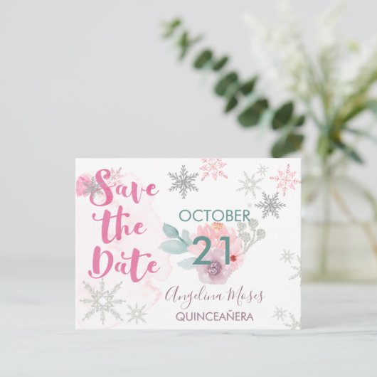 Save the Date Zilveren Roze Sneeuwvlokken en Bloem Aankondigingskaart (Staand voorkant)