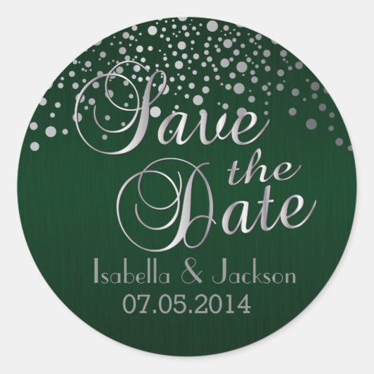 Save the date | Zilveren Stippen en groen | Person Ronde Sticker (Voorkant)