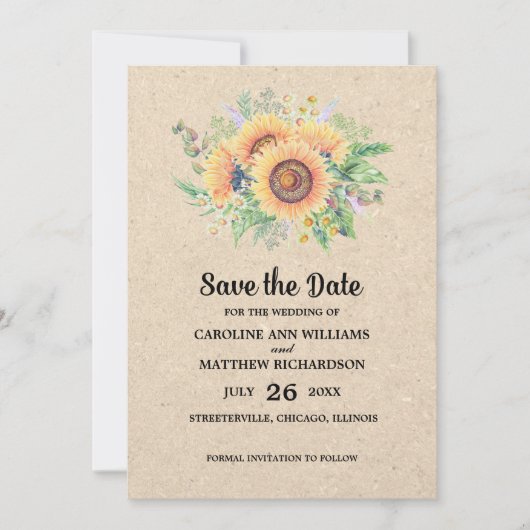 Save the date. Zonnebloemen rustieke bruiloft foto Kaart (Voorkant)