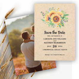 Save the date. Zonnebloemen rustieke bruiloft foto Kaart