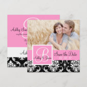 Save the Date Zwart Damast Monogram Namen Roze (Voorkant / Achterkant)