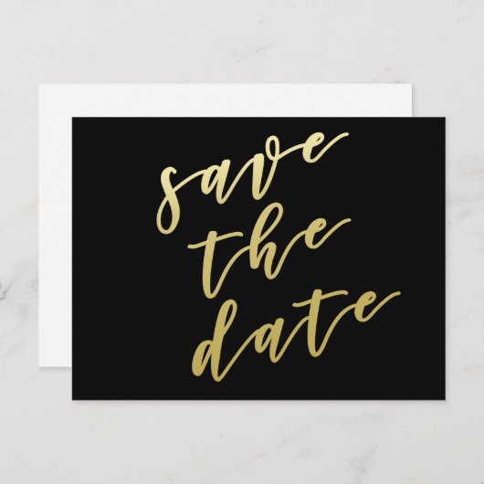 Save the date | Zwart en Faux Gold Script-Briefkaa Aankondigingskaart (Voorkant / Achterkant)