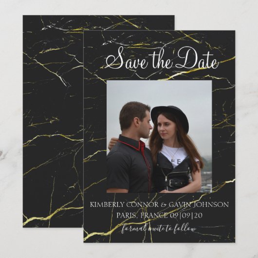 Save The Date |Zwart en goud marmer (Voorkant / Achterkant)