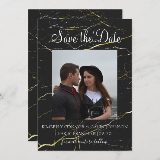 Save The Date |Zwart en gouden marmer (Voorkant / Achterkant)
