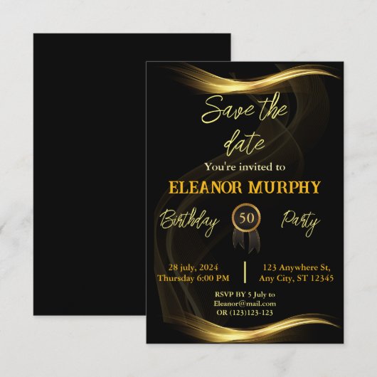 Save the Date Zwart Goud 50e verjaardag Kaart (Voorkant / Achterkant)