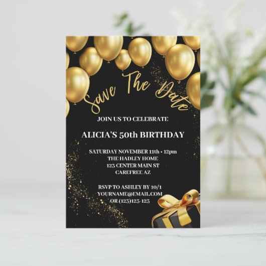 Save the Date Zwart Goud 50e Verjaardag Uitnodigin Kaart (Staand voorkant)