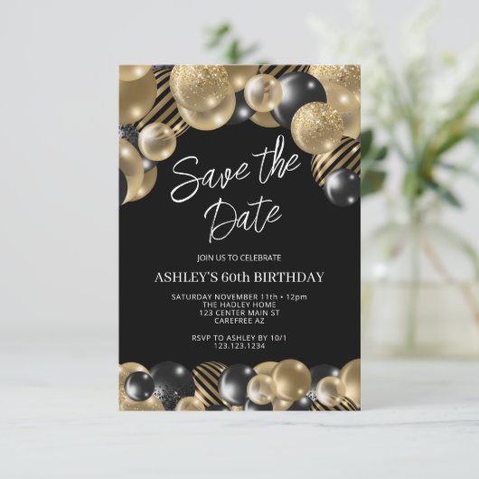 Save the Date Zwart Goud 60e Verjaardag Kaart (Staand voorkant)