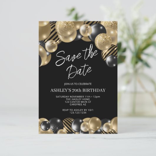 Save the Date Zwart Goud 70e Verjaardag Kaart (Staand voorkant)