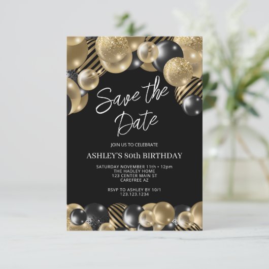 Save the Date Zwart Goud 80e Verjaardag Kaart (Staand voorkant)