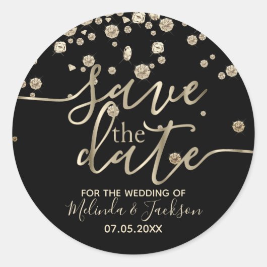 Save the date | Zwart met Gold Diamonds Ronde Sticker (Voorkant)