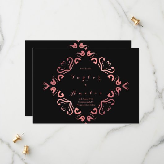 Save the Date Zwart Roos Goud (Voorkant / Achterkant in situ)