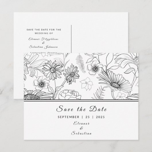 "Save the Date" zwart & wit madeliefbloempatroon Briefkaart (Voorkant / Achterkant)