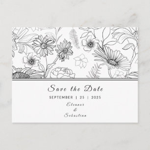 "Save the Date" zwart & wit madeliefbloempatroon Briefkaart