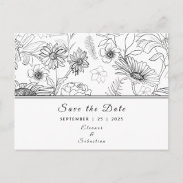 "Save the Date" zwart & wit madeliefbloempatroon Briefkaart