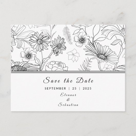 "Save the Date" zwart & wit madeliefbloempatroon Briefkaart (Voorkant)