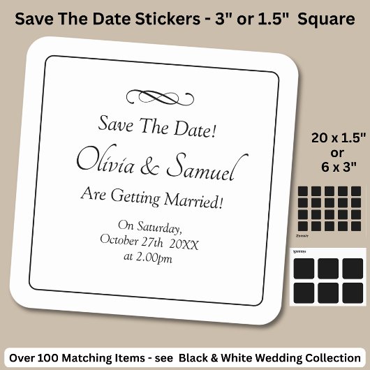 Save The Date - Zwart & Wit met oneindige scroll Vierkante Sticker